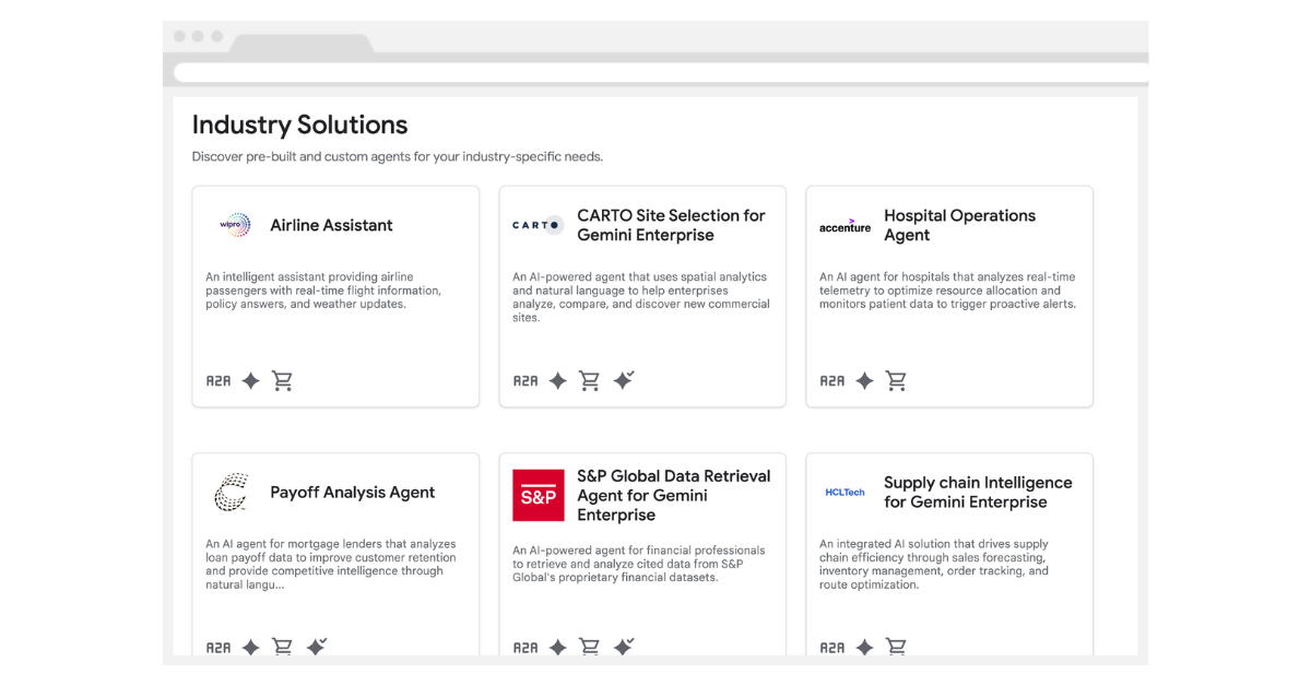A screenshot of industry solutions for Google Gemini Enterprise